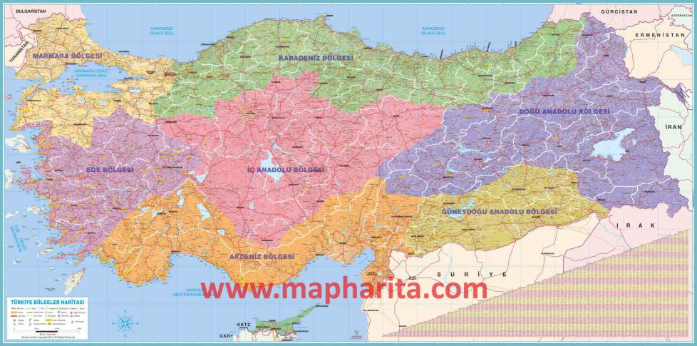 Türkiye'nin Coğrafi Bölge Sınırlarını Gösteren Harita